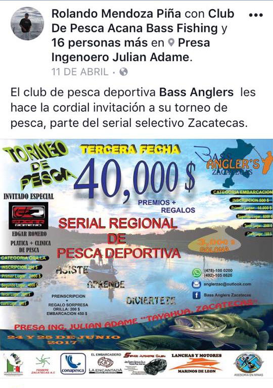 Club de pesca deportiva Bass Anglers invita a su tercera fecha de torneo de pesca