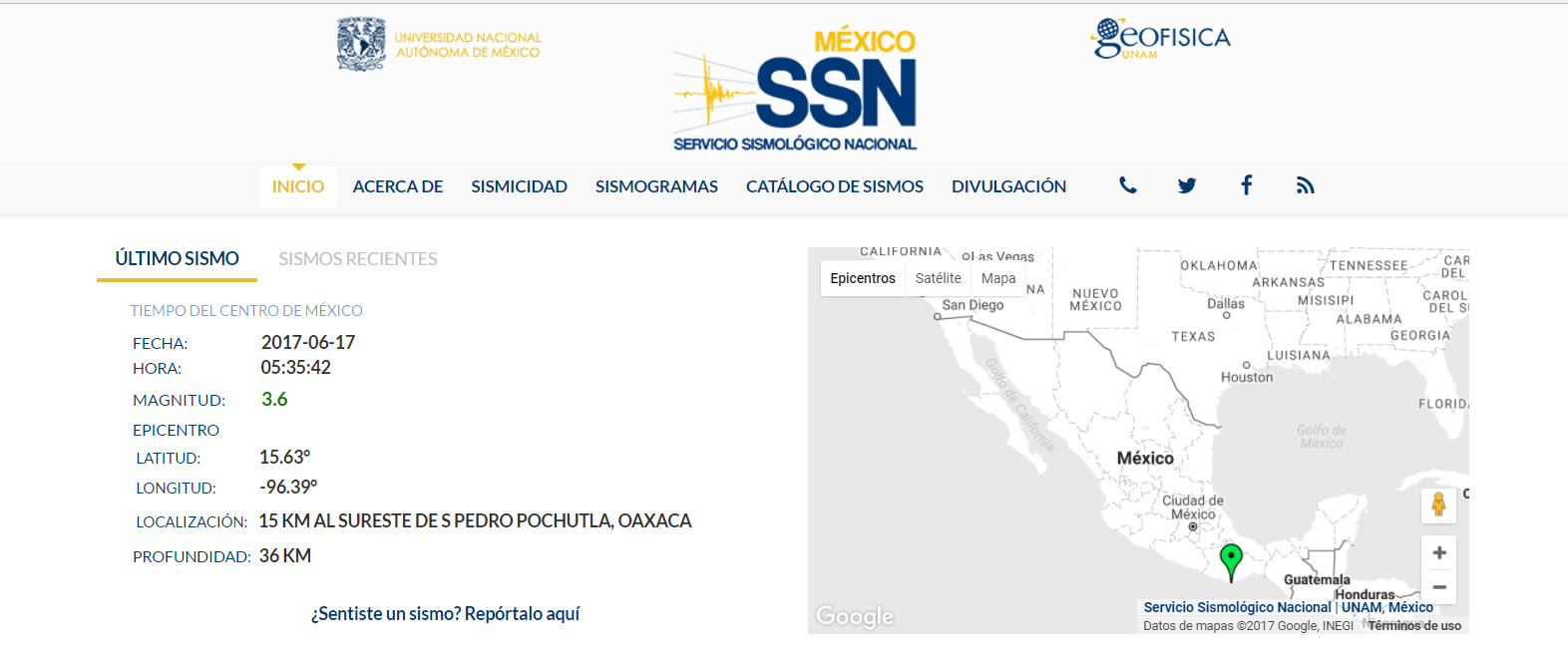 Sismo de 3.6° se registró en San Pedro Pochutla, Oaxaca