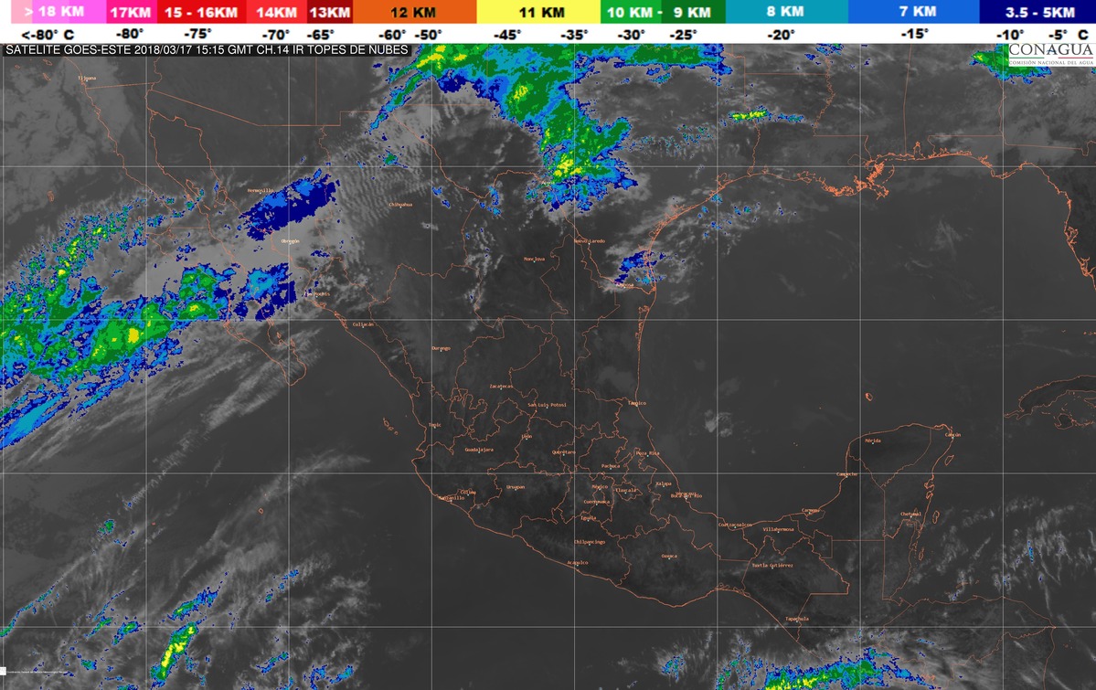 Temperaturas de 40 a 45 grados Celsius en Coahuila, Nuevo León, Tamaulipas, Morelos, Nayarit, Michoacán, Guerrero, Oaxaca, Chiapas, Campeche y Yucatán