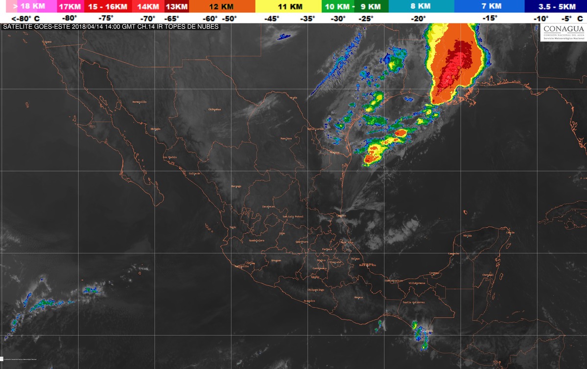 Tormentas de intensas a torrenciales con actividad eléctrica y granizo en regiones de Tabasco, Chiapas, Veracruz y Oaxaca.
