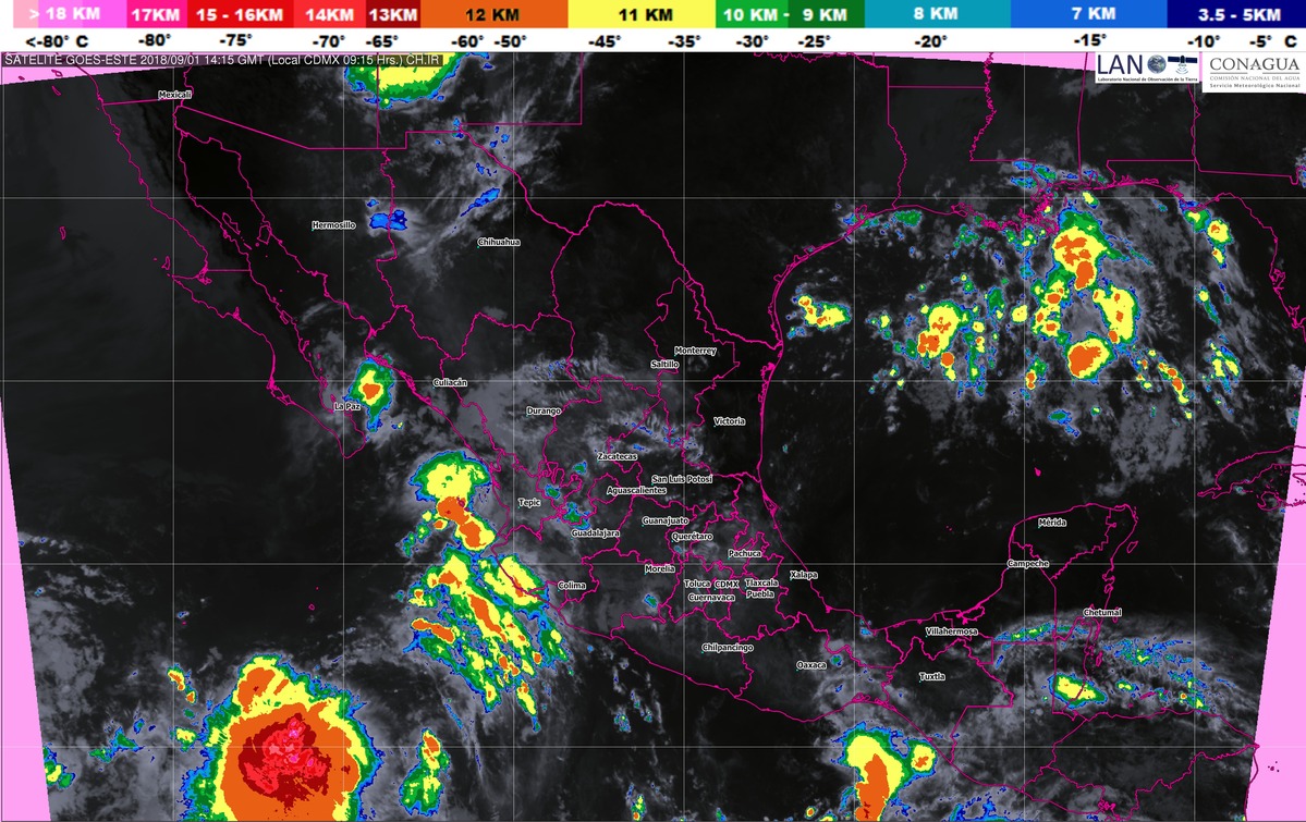 Tormentas puntuales intensas en Oaxaca y Chiapas acompañadas de descargas eléctricas y caída de granizo.