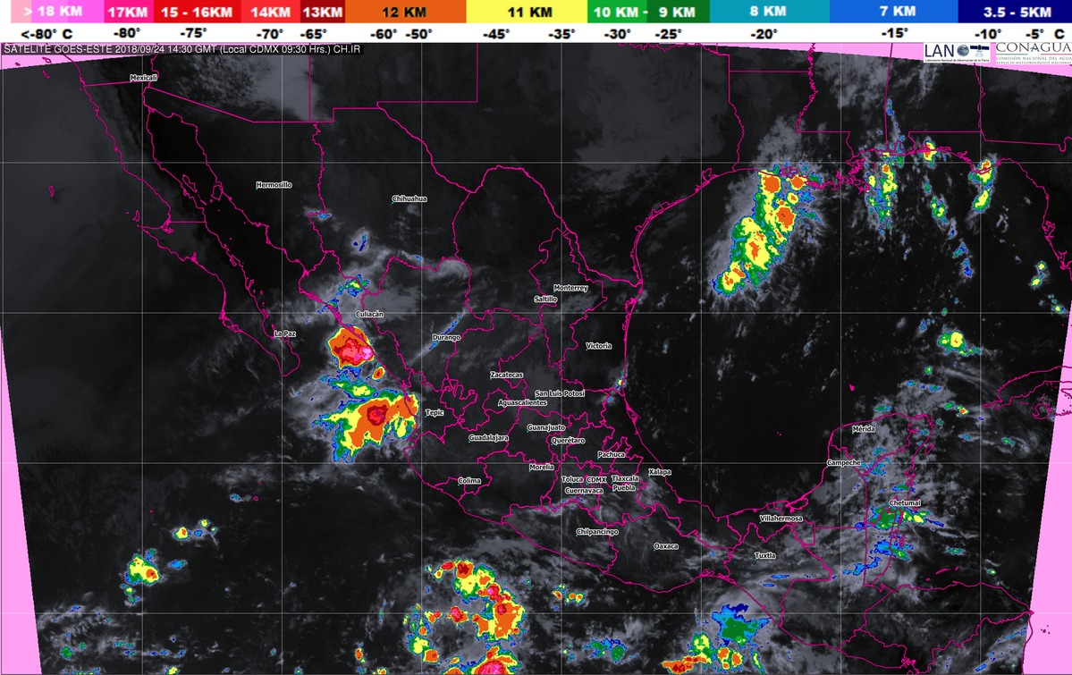 Durante las próximas horas se prevén tormentas intensas en Guerrero, Oaxaca, Chiapas, Puebla, Veracruz y Tabasco