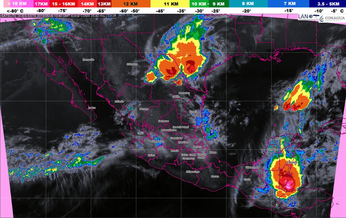 Tormentas puntuales muy fuertes se prevén hoy en Nuevo León, Tamaulipas, Veracruz y Chiapas