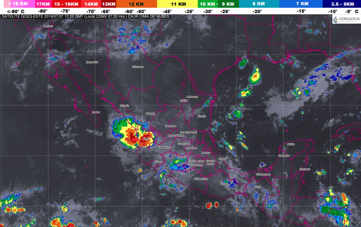 Se prevén lluvias muy fuertes en Sonora, Chihuahua, Nayarit, Jalisco, Michoacán, Guerrero, Oaxaca, Puebla, Veracruz y Chiapas