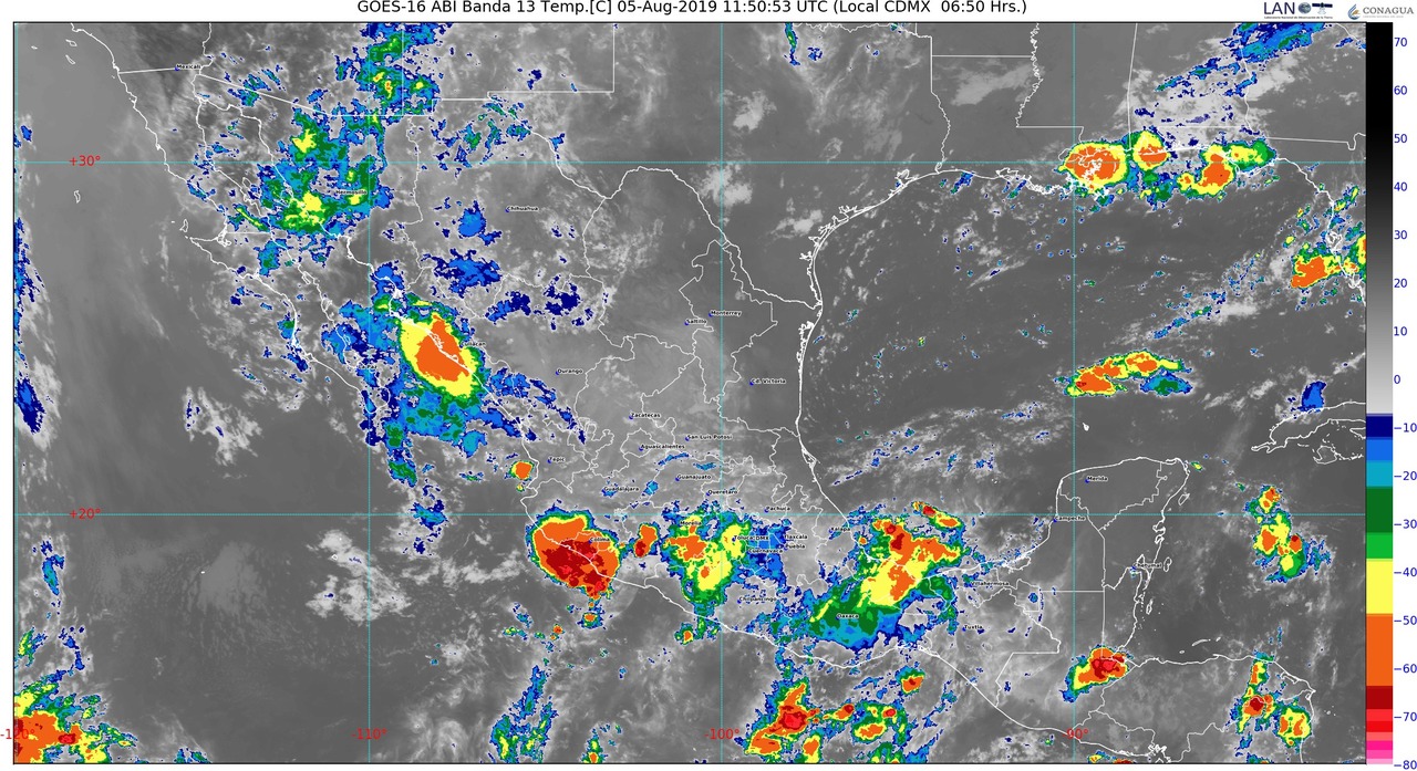 Se prevén lluvias muy fuertes en áreas de Durango, Sinaloa, Nayarit, Jalisco, Michoacán, Guerrero, Oaxaca y Chiapas