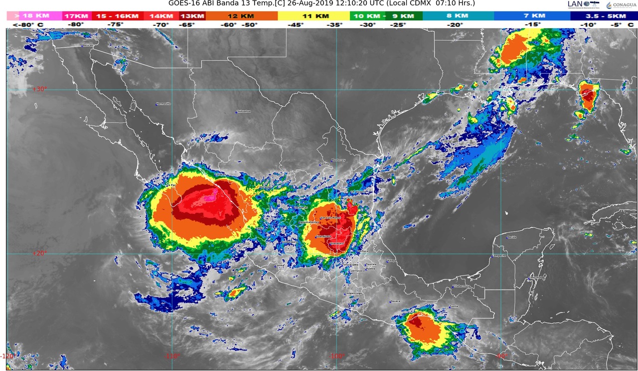 Para hoy se prevén lluvias puntuales muy fuertes en Nayarit, Jalisco, Durango, Zacatecas, Aguascalientes, San Luis Potosí y Chiapas