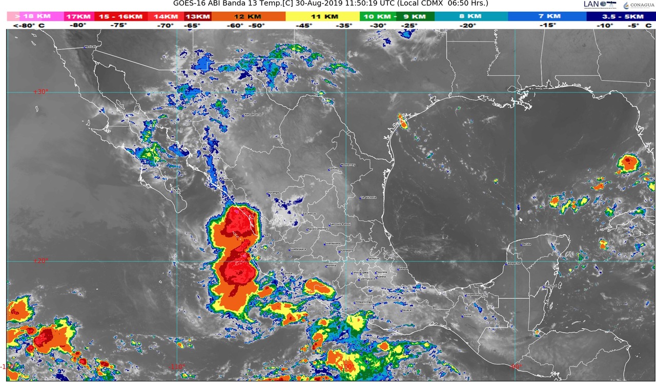 Se pronostica lluvias intensas en Chiapas y puntuales muy fuertes en Sinaloa, Nayarit, Jalisco, Oaxaca y Tabasco