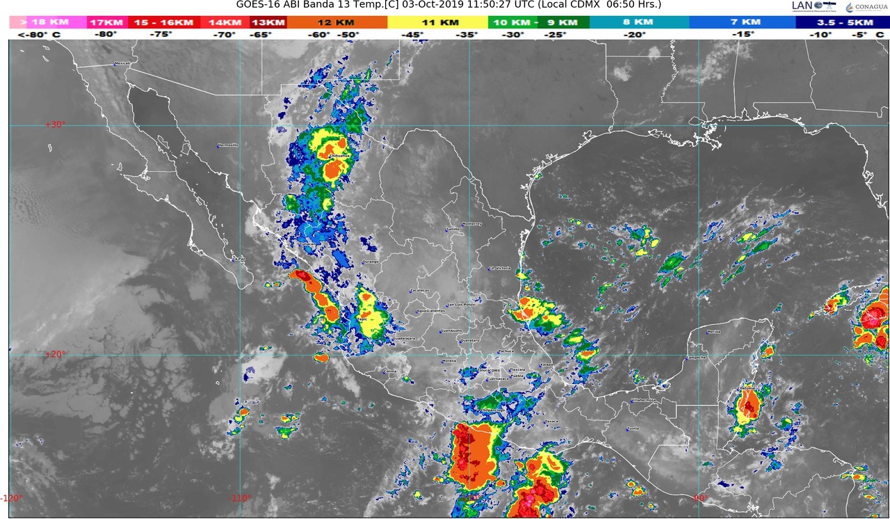Hoy se prevén lluvias intensas en regiones de Chiapas y muy fuertes en áreas de Chihuahua, Puebla, Veracruz, Oaxaca y Tabasco