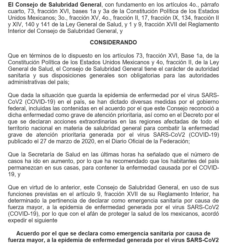 Acuerdo por el que se declara como emergencia sanitaria por causa de fuerza mayor, a la epidemia de enfermedad generada por el virus SARS-CoV2 (COVID-19)