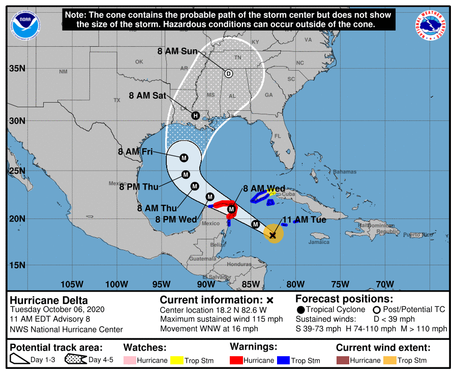 Delta, es Huracán categoría 4 y se localiza a 520 km al este-sureste de Cozumel y a 550 km al sureste de Cancún
