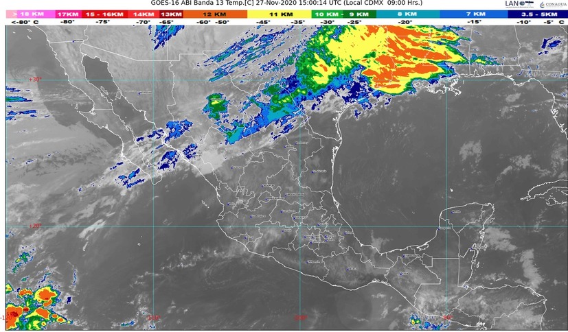 Temperaturas mínimas de -10 a -5 grados Celsius con heladas en sierras de Baja California, Chihuahua y Durango