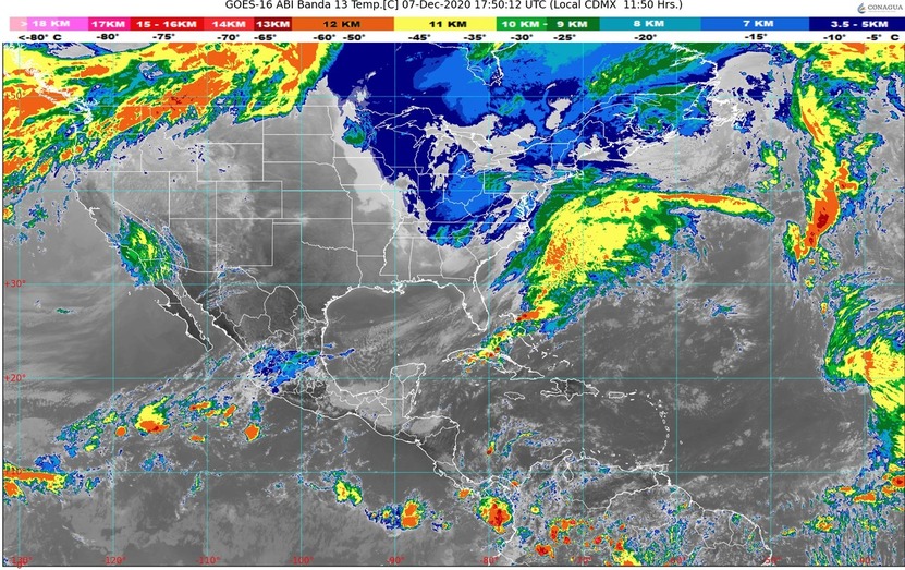 Lluvias fuertes en Campeche, Chiapas, Oaxaca, Tabasco y el sur de Veracruz; viento de norte en Golfo e Istmo de Tehuantepec