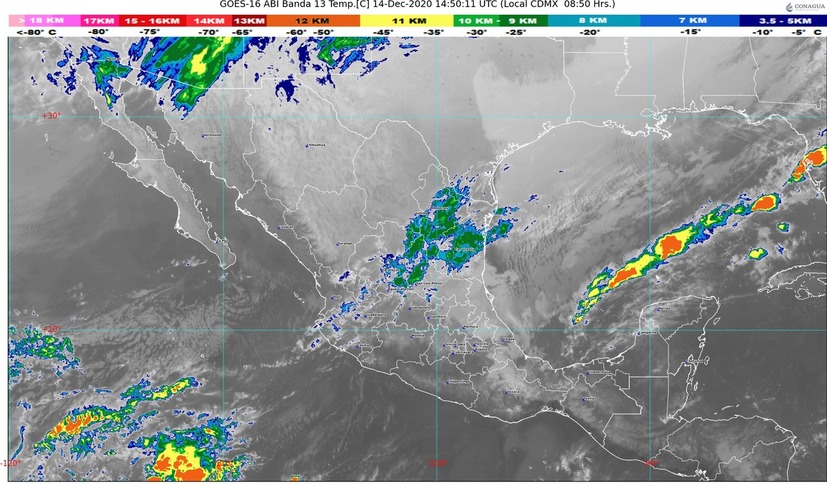 Frente Frío No. 20 ocasiona lluvias en Chiapas, Oaxaca, Tabasco y, Veracruz; evento de norte en Istmo y Golfo de Tehuantepec