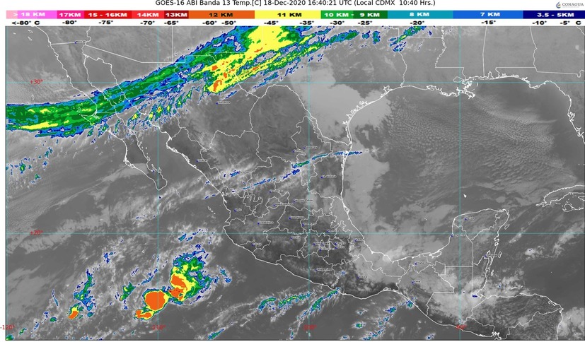 Temperaturas mínimas de -15 a -10 °C y heladas en zonas montañosas de Chihuahua y Durango; lluvias en Chiapas, Oaxaca y Veracruz