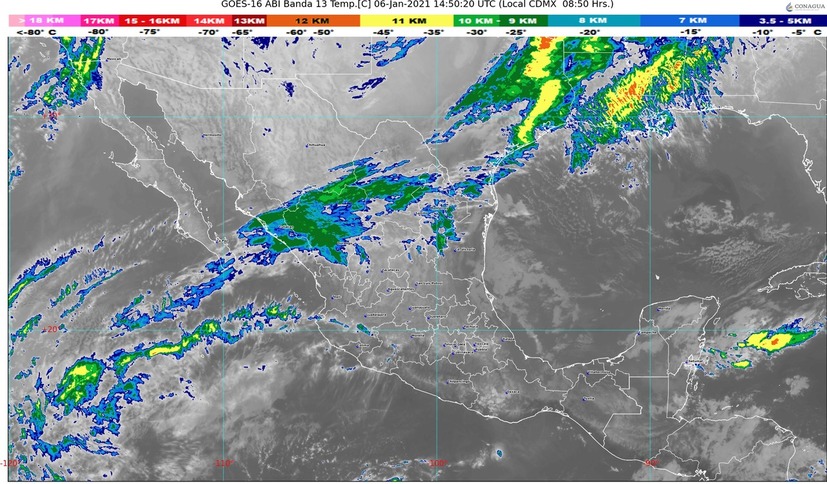 Ambiente muy frío y heladas en Baja California, Chihuahua, Durango, Sonora y Zacatecas; vientos fuertes en el norte y noreste de México